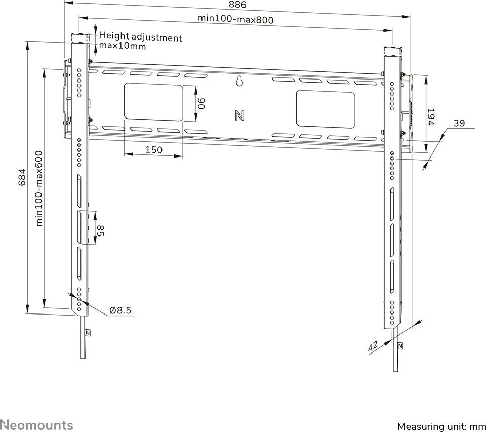Laikiklis NEOMOUNTS LEVEL-750 WALL MOUNT (XL, 125 KG, KICKSTAND, LOCKABLE, CONNECTABLE, VESA 800X600)