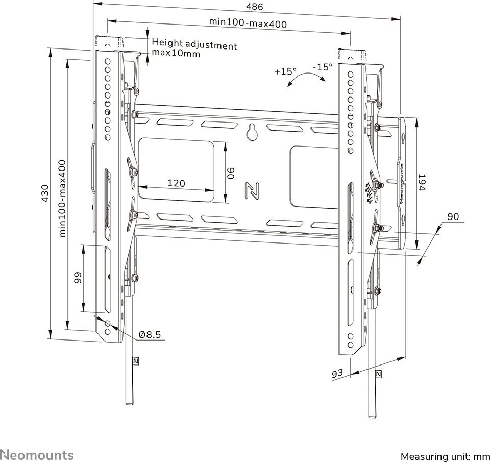 Laikiklis NEOMOUNTS LEVEL-750 WALL MOUNT (XL, 125 KG, TILTABLE, TILT GUARD, CONNECTABLE, VESA 400X400)