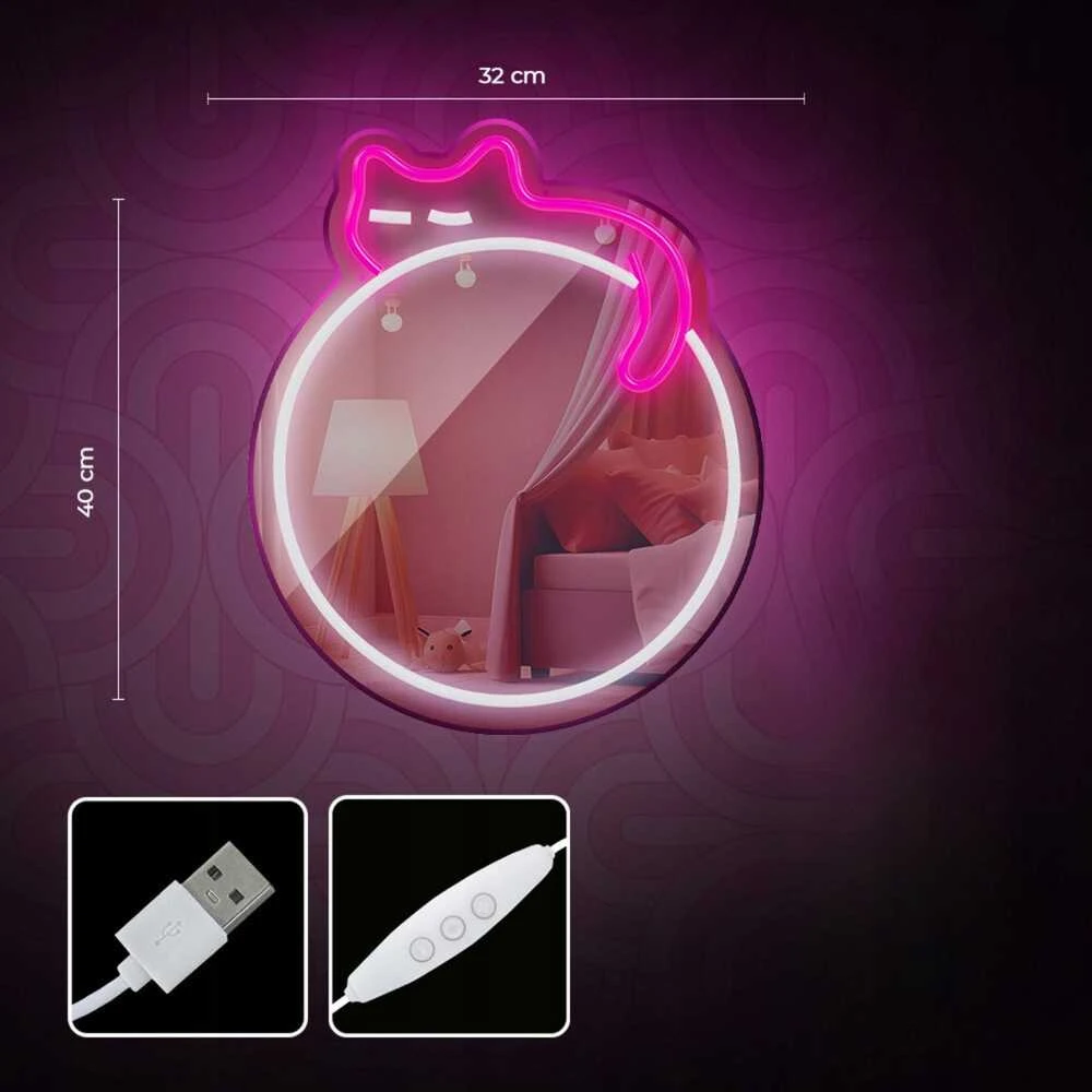 Neoninis MIRROR LED MIEGANČIOS KATĖS formos šviestuvas baltas rožinis FMNE03 Forever Light