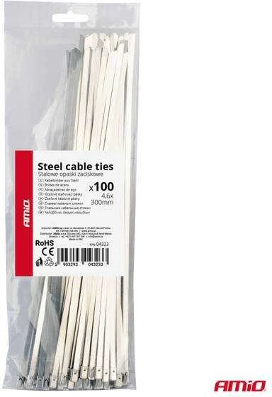 Nerūdijančio plieno metaliniai kabelių raiščiai 4,6x300 mm 100 vnt. amio-04323