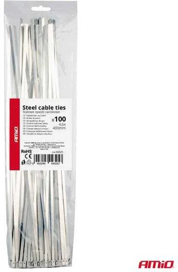 Nerūdijančio plieno metaliniai kabelių raiščiai 4,6x400 mm 100 vnt. amio-04325