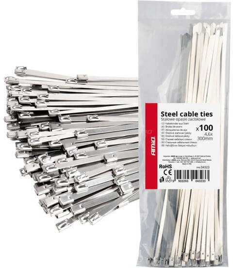 Nerūdijančio plieno metaliniai kabelių raiščiai 4,6x300 mm 100 vnt. amio-04323