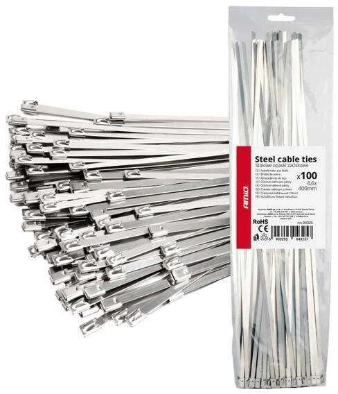 Nerūdijančio plieno metaliniai kabelių raiščiai 4,6x400 mm 100 vnt. amio-04325