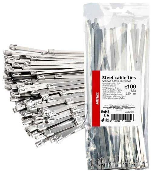 Nerūdijančio plieno metaliniai kabelių raiščiai 4,6x250 mm 100 vnt. amio-04322