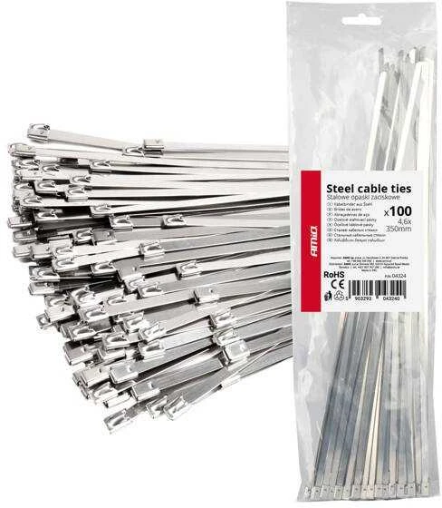 Nerūdijančio plieno metaliniai kabelių raiščiai 4,6x350 mm 100 vnt. amio-04324