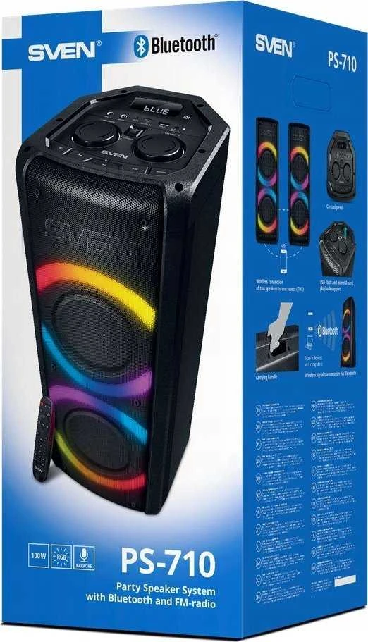Garsiakalbis SVEN PS-710, juodas (100W, TWS, Bluetooth, FM, USB, Micro SD, LED ekranas, 4400mA*h)
