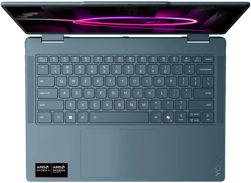 Nešiojamas kompiuteris „Lenovo Yoga 7 Gen 11“ 14AGP11 „Ryzen AI 5 435“, 14 colių WUXGA lietimui jautrus OLED ekranas, 400 nitų, 60 Hz, blizgus, 16 GB LPDDR5X-8000, 512 GB SSD, „Radeon 840M“ vaizdo plokštė, 5.0 MP + IR, 70 Wh, „Windows 11 Tidal Teal“.