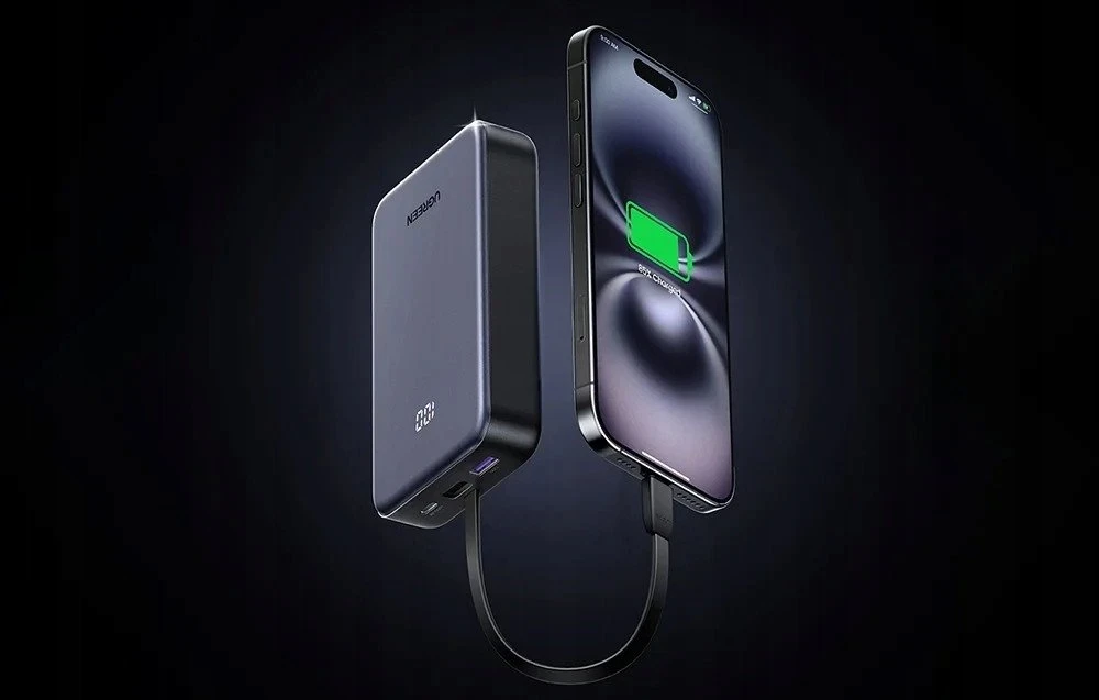 Nešiojama baterija UGREEN PB505 20000mAh, 20W, integruotas USB-C kabelis, USB-A, skaitmeninis ekranas, pilkas