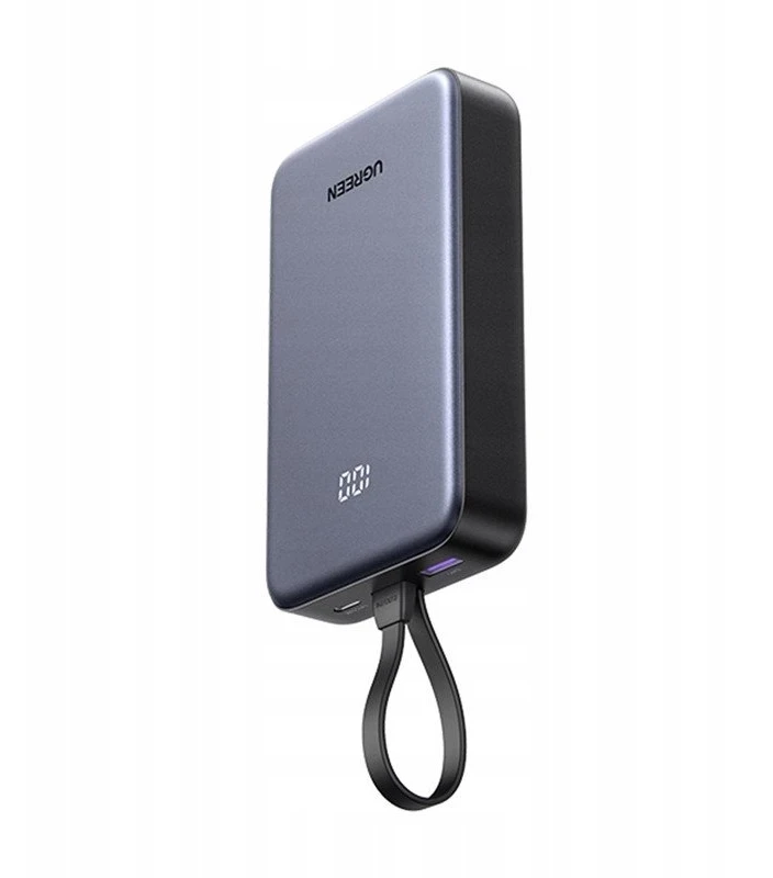 Nešiojama baterija UGREEN PB505 20000mAh, 20W, integruotas USB-C kabelis, USB-A, skaitmeninis ekranas, pilkas