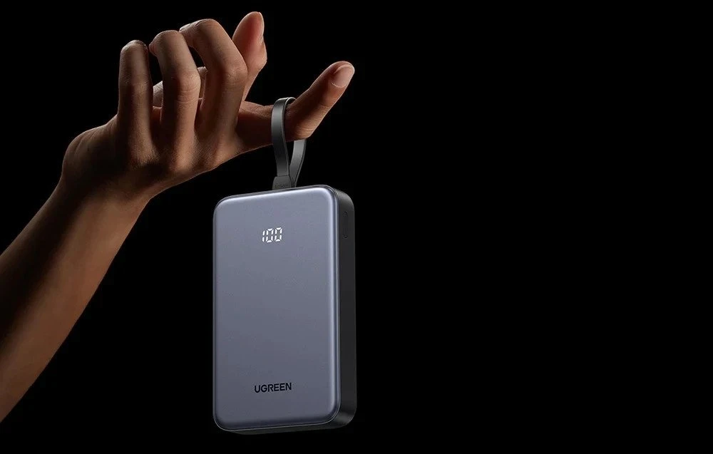 Nešiojama baterija UGREEN PB505 20000mAh, 20W, integruotas USB-C kabelis, USB-A, skaitmeninis ekranas, pilkas