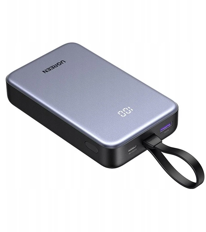 Nešiojama baterija UGREEN PB505 20000mAh, 20W, integruotas USB-C kabelis, USB-A, skaitmeninis ekranas, pilkas