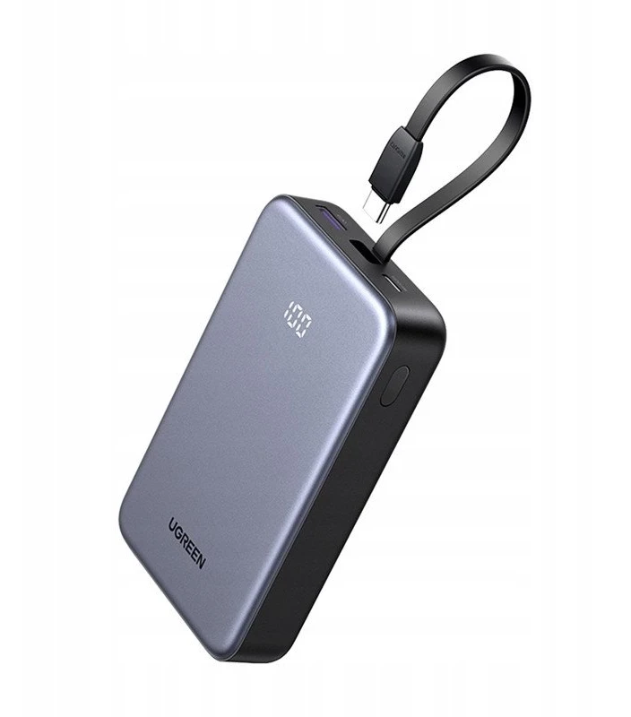 Nešiojama baterija UGREEN PB505 20000mAh, 20W, integruotas USB-C kabelis, USB-A, skaitmeninis ekranas, pilkas