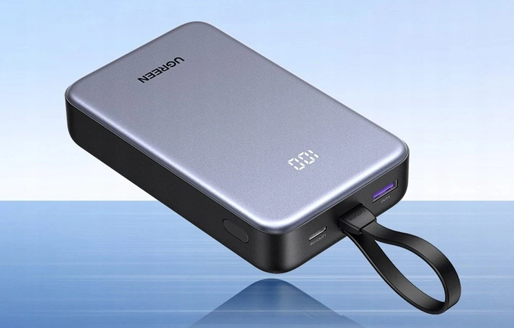 Nešiojama baterija UGREEN PB505 20000mAh, 20W, integruotas USB-C kabelis, USB-A, skaitmeninis ekranas, pilkas