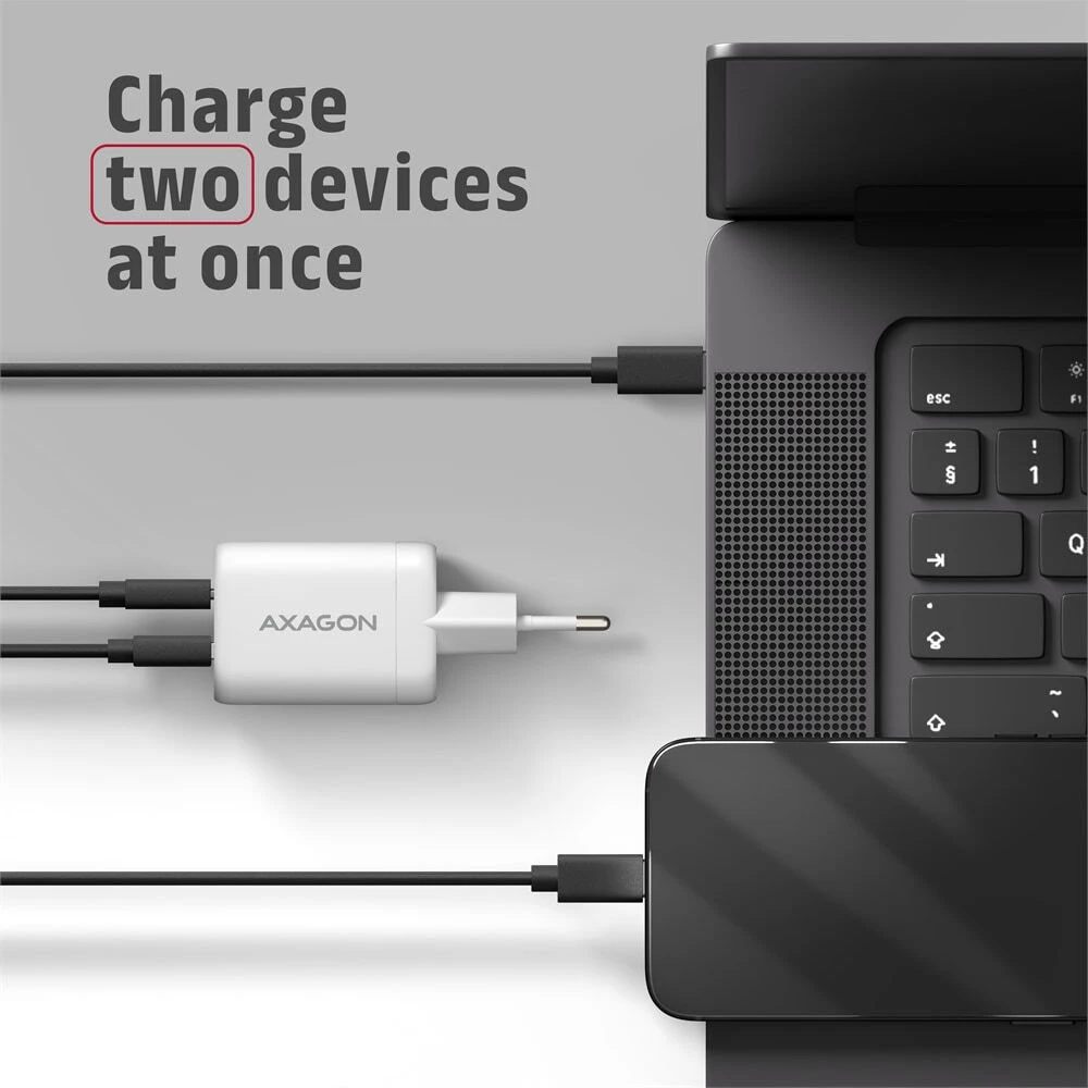 Nešiojamojo kompiuterio maitinimo adapteris Axagon GaN kroviklis jungiama į tinklą 100W, USB-A + USB-C, PD3.0/PPS/QC4+/SFC2.0/Apple, balta (ACU-PQ100W)
