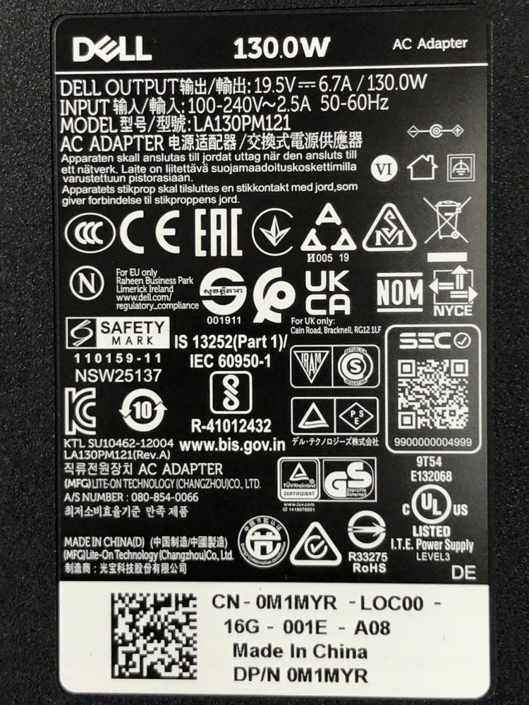 Dell Kintamosios srovės adapteris, 130 W, 19,5 V, 3 kontaktų, 4,5 mm, C6 maitinimo laidas,
