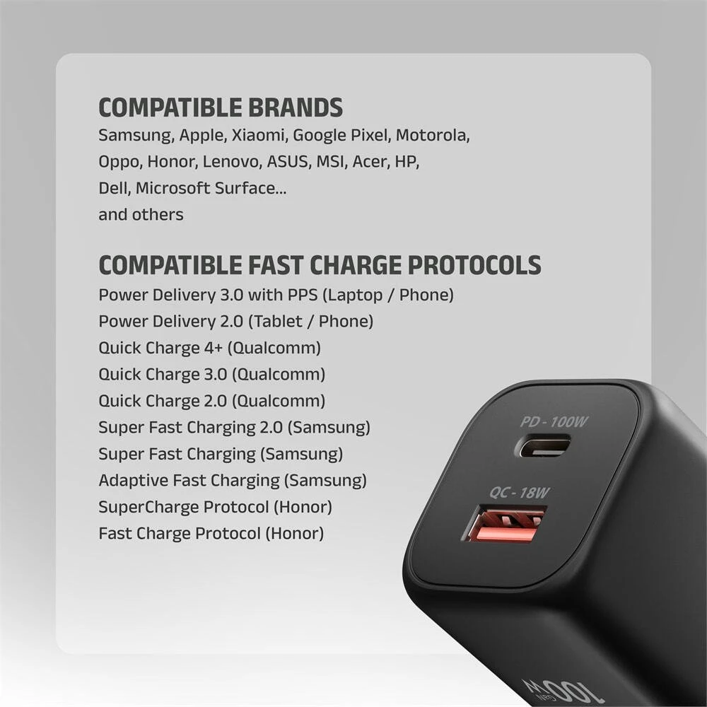 AXAGON ACU-PQ100, GaN tinklo įkroviklis 100 W, USB-A + USB-C, PD3.0/PPS/QC4+/SFC2.0/Apple, juodas