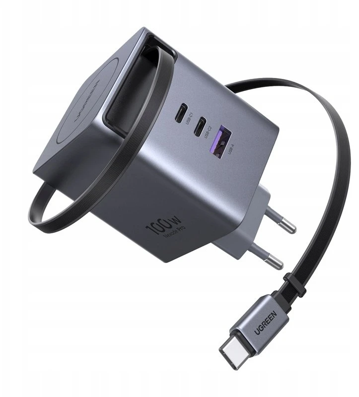 Ugreen 65828 Nexode 100W GaN įkroviklis su ištraukiamu USB-C kabeliu