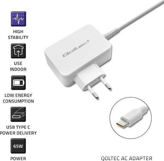 QOLTEC 51039 Įkroviklis 65W 5 20.3V 2 3.25A USB tipas C PD Baltas