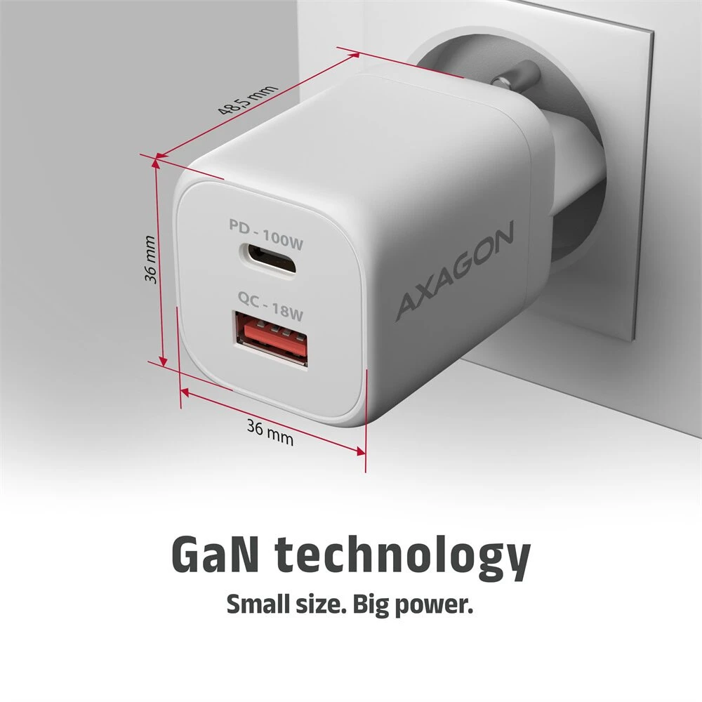 Nešiojamojo kompiuterio maitinimo adapteris Axagon GaN kroviklis jungiama į tinklą 100W, USB-A + USB-C, PD3.0/PPS/QC4+/SFC2.0/Apple, balta (ACU-PQ100W)