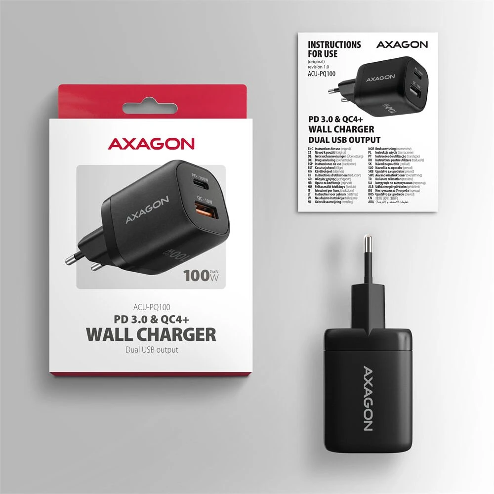 AXAGON ACU-PQ100, GaN tinklo įkroviklis 100 W, USB-A + USB-C, PD3.0/PPS/QC4+/SFC2.0/Apple, juodas