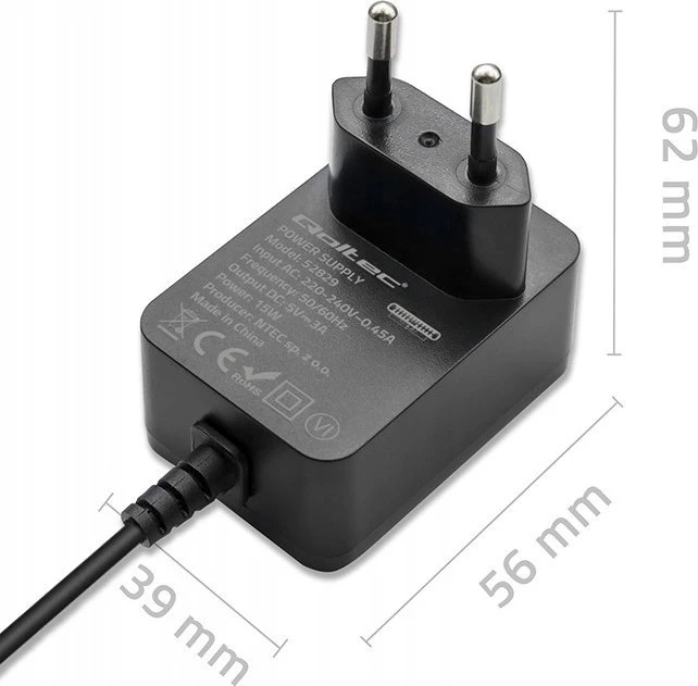 Qoltec Super FAST PD įkroviklis Raspberry PI 4 USB-C 15W 5V 3A juodas