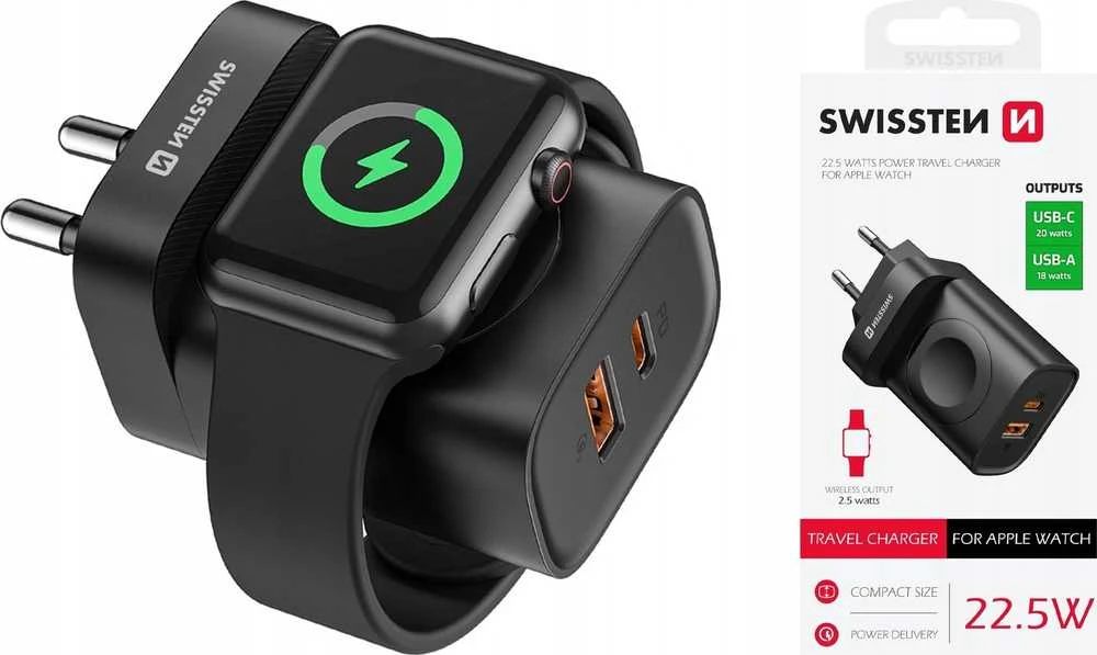 Swissten kelioninis įkroviklis USB-A / USB-C / iWatch