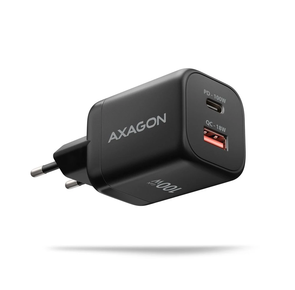AXAGON ACU-PQ100, GaN tinklo įkroviklis 100 W, USB-A + USB-C, PD3.0/PPS/QC4+/SFC2.0/Apple, juodas