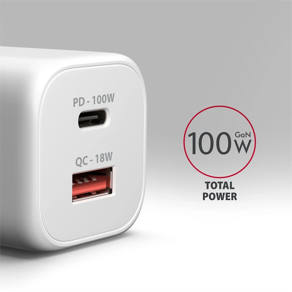 Nešiojamojo kompiuterio maitinimo adapteris Axagon GaN kroviklis jungiama į tinklą 100W, USB-A + USB-C, PD3.0/PPS/QC4+/SFC2.0/Apple, balta (ACU-PQ100W)
