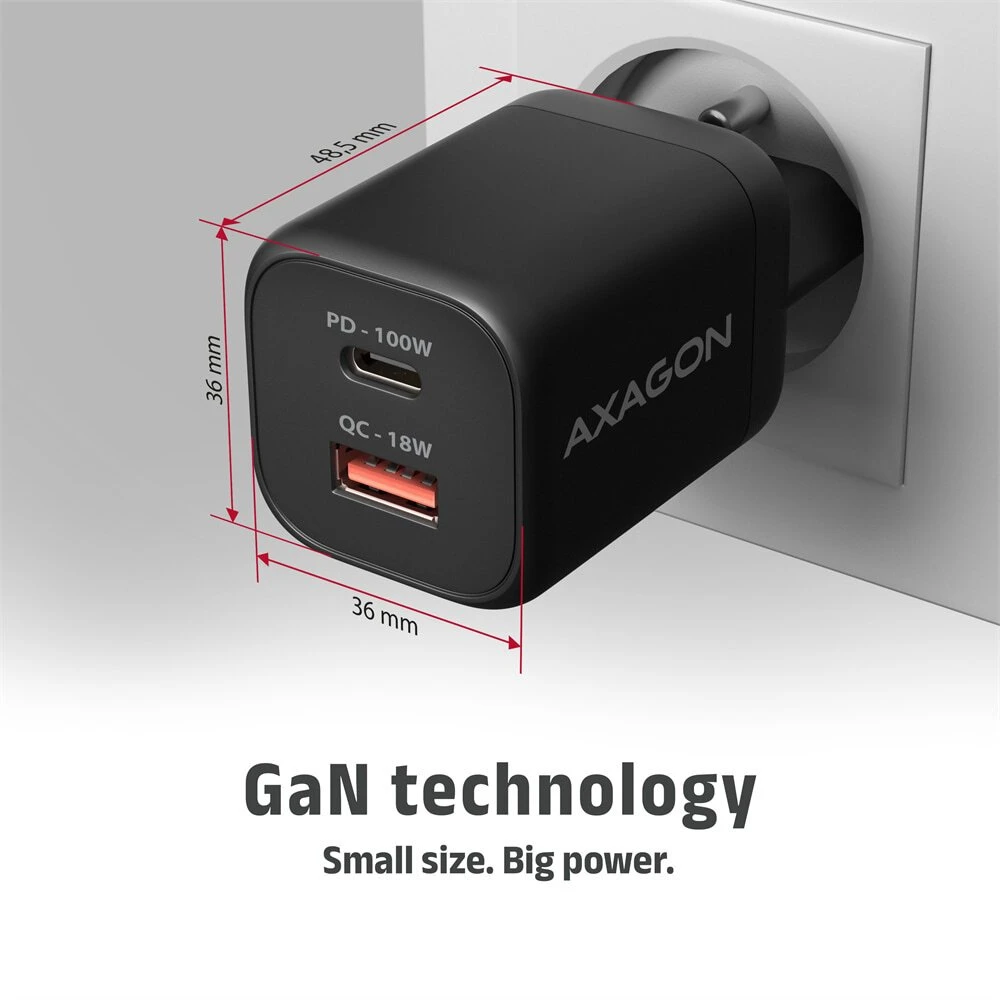 AXAGON ACU-PQ100, GaN tinklo įkroviklis 100 W, USB-A + USB-C, PD3.0/PPS/QC4+/SFC2.0/Apple, juodas