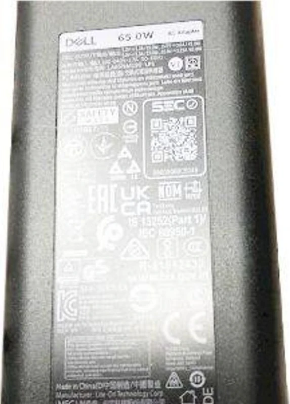Dell 65W įkroviklio specifikacijų etiketė