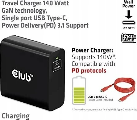 Club 3D Club3D kelioninis įkroviklis USB-C 140W GaN technologija, 1xUSB-C, PD 3.1 palaikymas