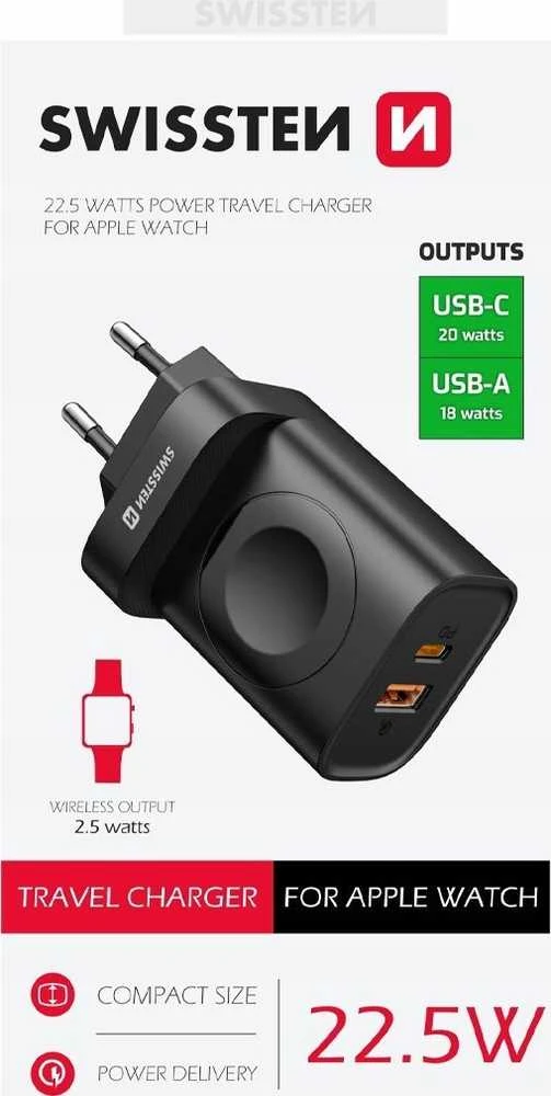 Swissten kelioninis įkroviklis USB-A / USB-C / iWatch