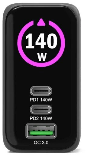 „Port Designs PORT CONNECT GaN2“ sieninis įkroviklis, skirtas 2 × USB-C PD 3.1 ir USB-A QC 3.0, 140 W, OLED ekranas, juodas