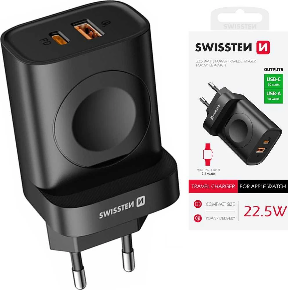 Swissten kelioninis įkroviklis USB-A / USB-C / iWatch