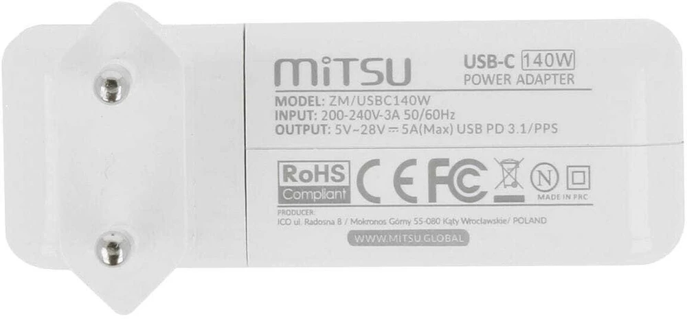 Mitsu USB-C 140W kroviklis - techninių parametrų žymėjimas