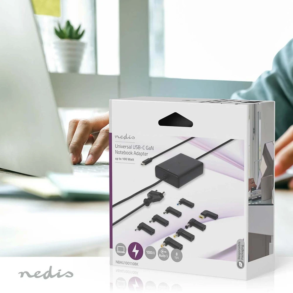 Nešiojamojo kompiuterio maitinimo adapteris Nedis 100 W, 5 A, (NBAU100110BK)