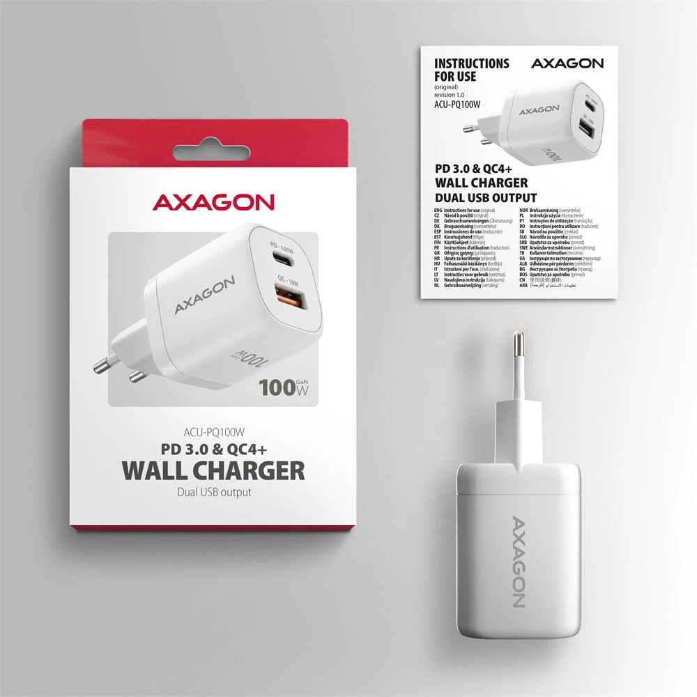Nešiojamojo kompiuterio maitinimo adapteris Axagon GaN kroviklis jungiama į tinklą 100W, USB-A + USB-C, PD3.0/PPS/QC4+/SFC2.0/Apple, balta (ACU-PQ100W)