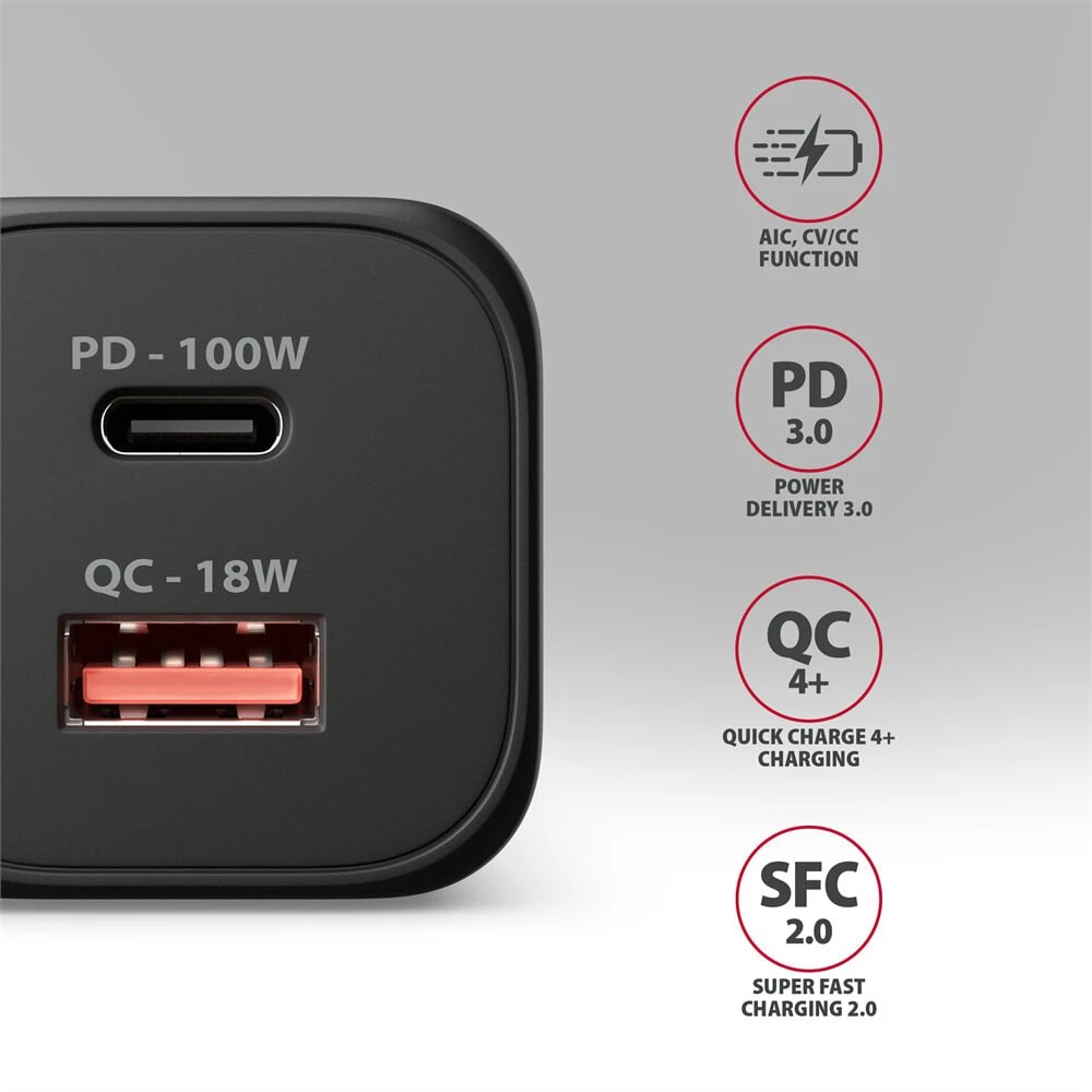 AXAGON ACU-PQ100, GaN tinklo įkroviklis 100 W, USB-A + USB-C, PD3.0/PPS/QC4+/SFC2.0/Apple, juodas