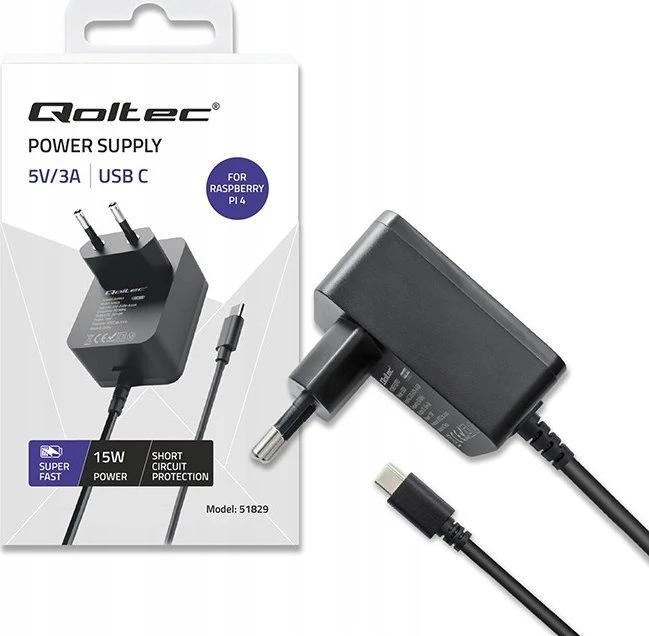 Qoltec Super FAST PD įkroviklis Raspberry PI 4 USB-C 15W 5V 3A juodas