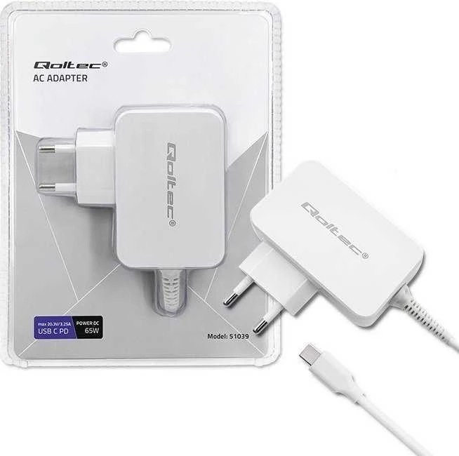 QOLTEC 51039 Įkroviklis 65W 5 20.3V 2 3.25A USB tipas C PD Baltas