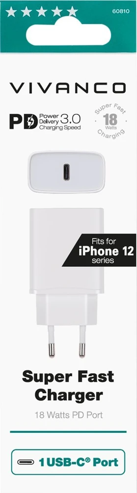 Vivanco įkroviklis USB-C 3A 18W, baltas (60810)