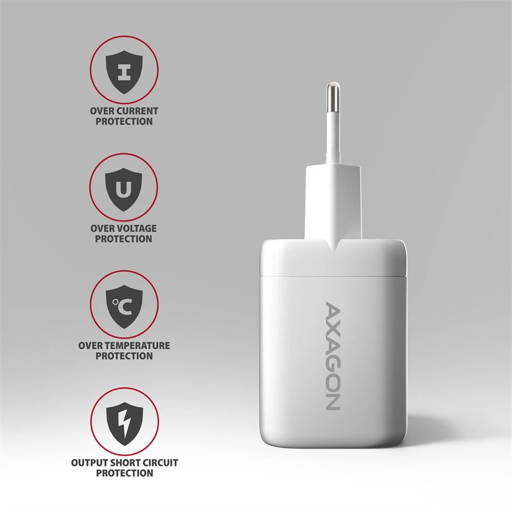 Nešiojamojo kompiuterio maitinimo adapteris Axagon GaN kroviklis jungiama į tinklą 100W, USB-A + USB-C, PD3.0/PPS/QC4+/SFC2.0/Apple, balta (ACU-PQ100W)