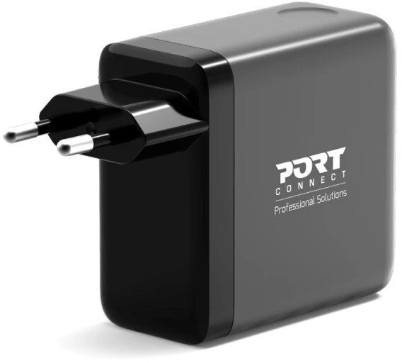 „Port Designs PORT CONNECT GaN2“ sieninis įkroviklis, skirtas 2 × USB-C PD 3.1 ir USB-A QC 3.0, 140 W, OLED ekranas, juodas