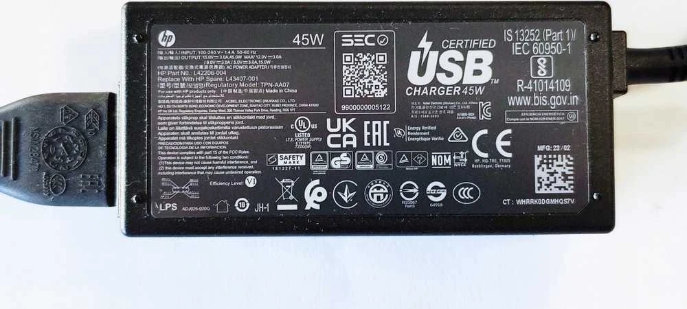 Hewlett Packard (HP) Nešiojamojo kompiuterio maitinimo adapteris HP 45 W, 15 V (45W RC AC Adapteris USB-C connec)
