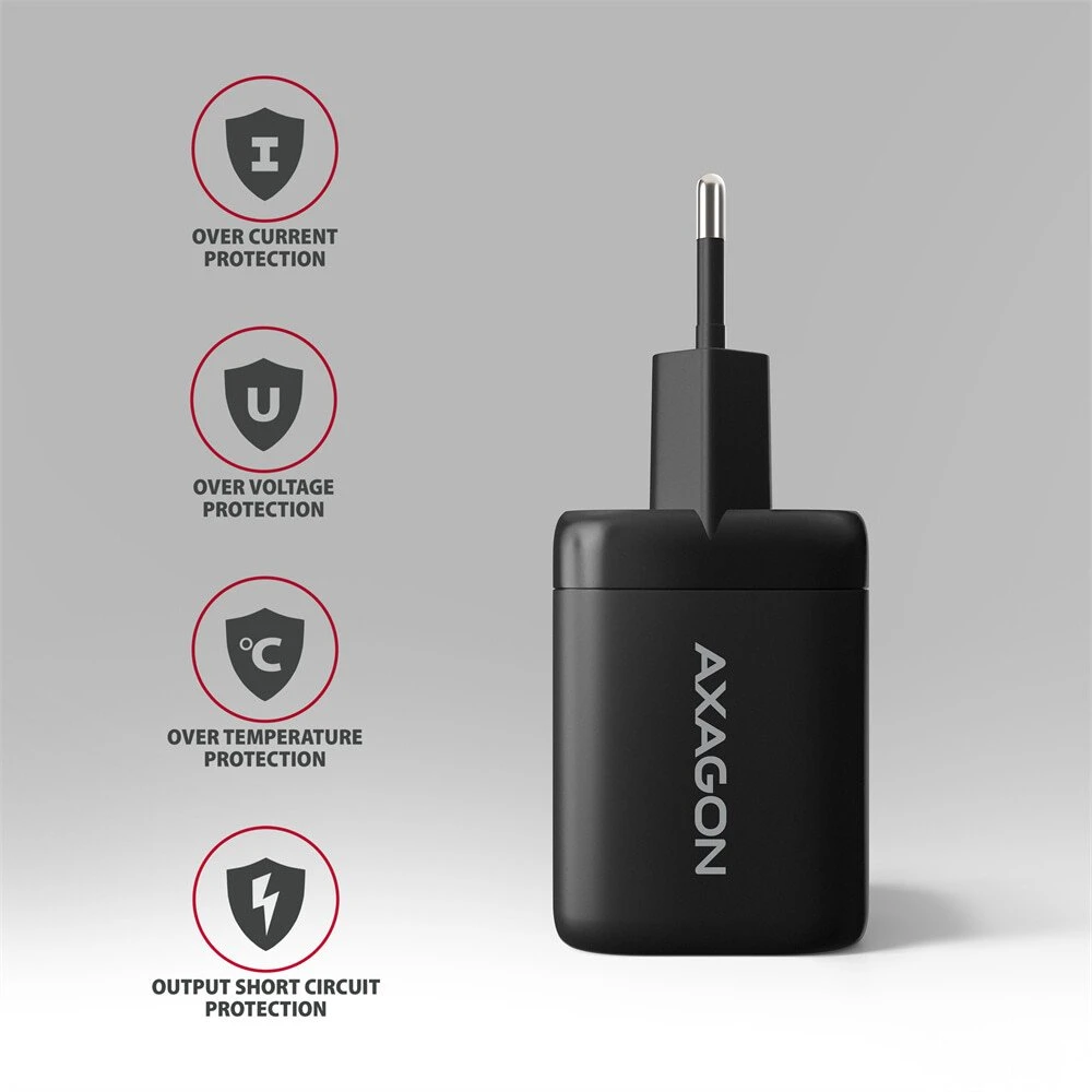 AXAGON ACU-PQ100, GaN tinklo įkroviklis 100 W, USB-A + USB-C, PD3.0/PPS/QC4+/SFC2.0/Apple, juodas
