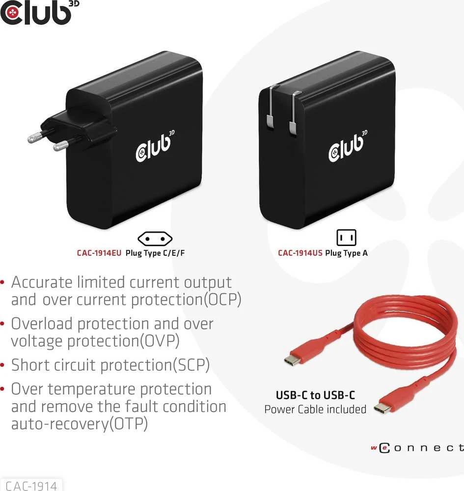 Club 3D Club3D kelioninis įkroviklis USB-C 140W GaN technologija, 1xUSB-C, PD 3.1 palaikymas