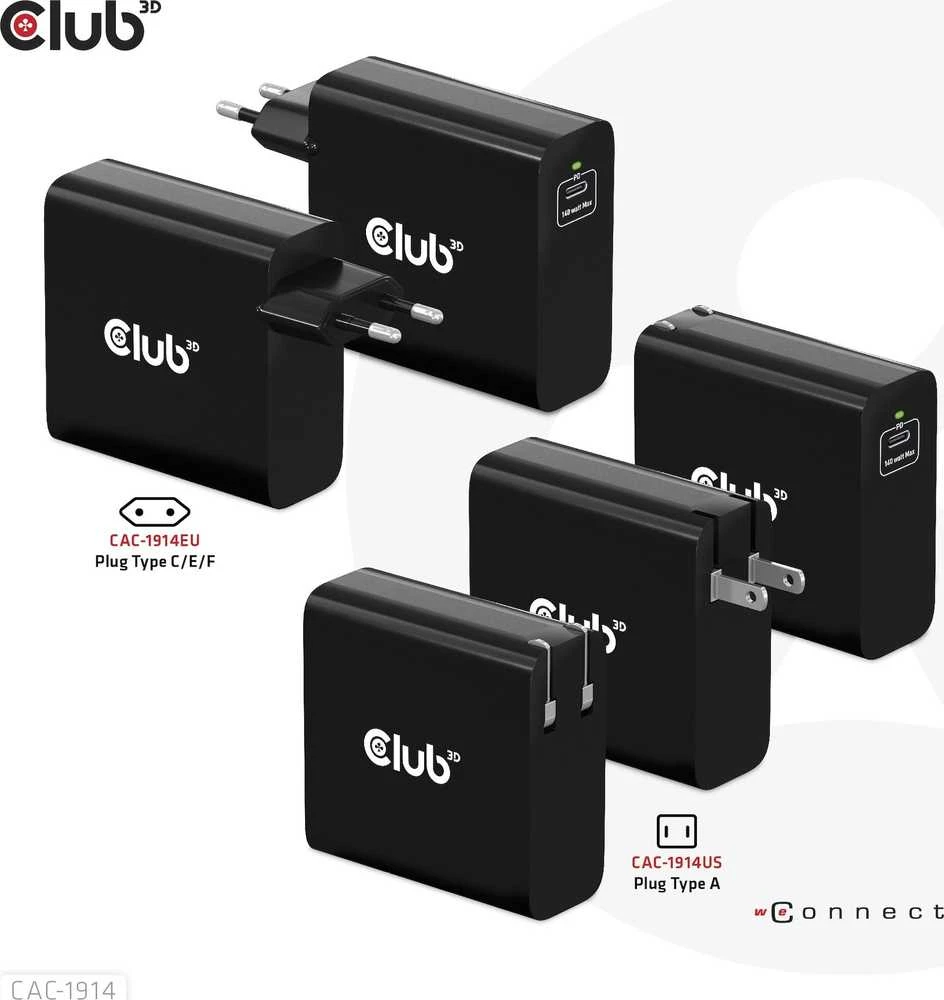 Club 3D Club3D kelioninis įkroviklis USB-C 140W GaN technologija, 1xUSB-C, PD 3.1 palaikymas