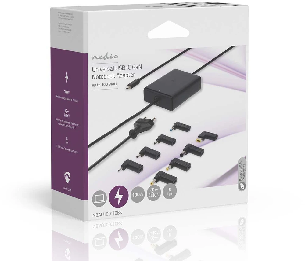Nešiojamojo kompiuterio maitinimo adapteris Nedis 100 W, 5 A, (NBAU100110BK)