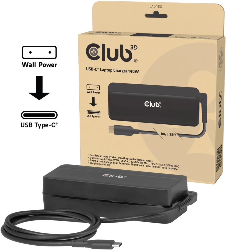 Club 3D Club3D nešiojamojo kompiuterio įkroviklis, USB-C, 140 W, 1 m