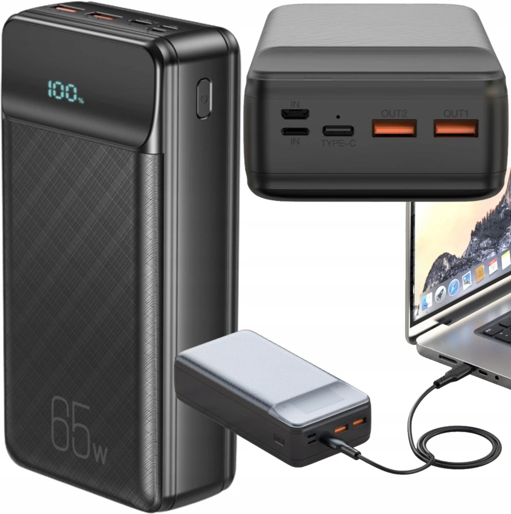 XO laptop power bank PR201 65W 30000mAh juodos spalvos